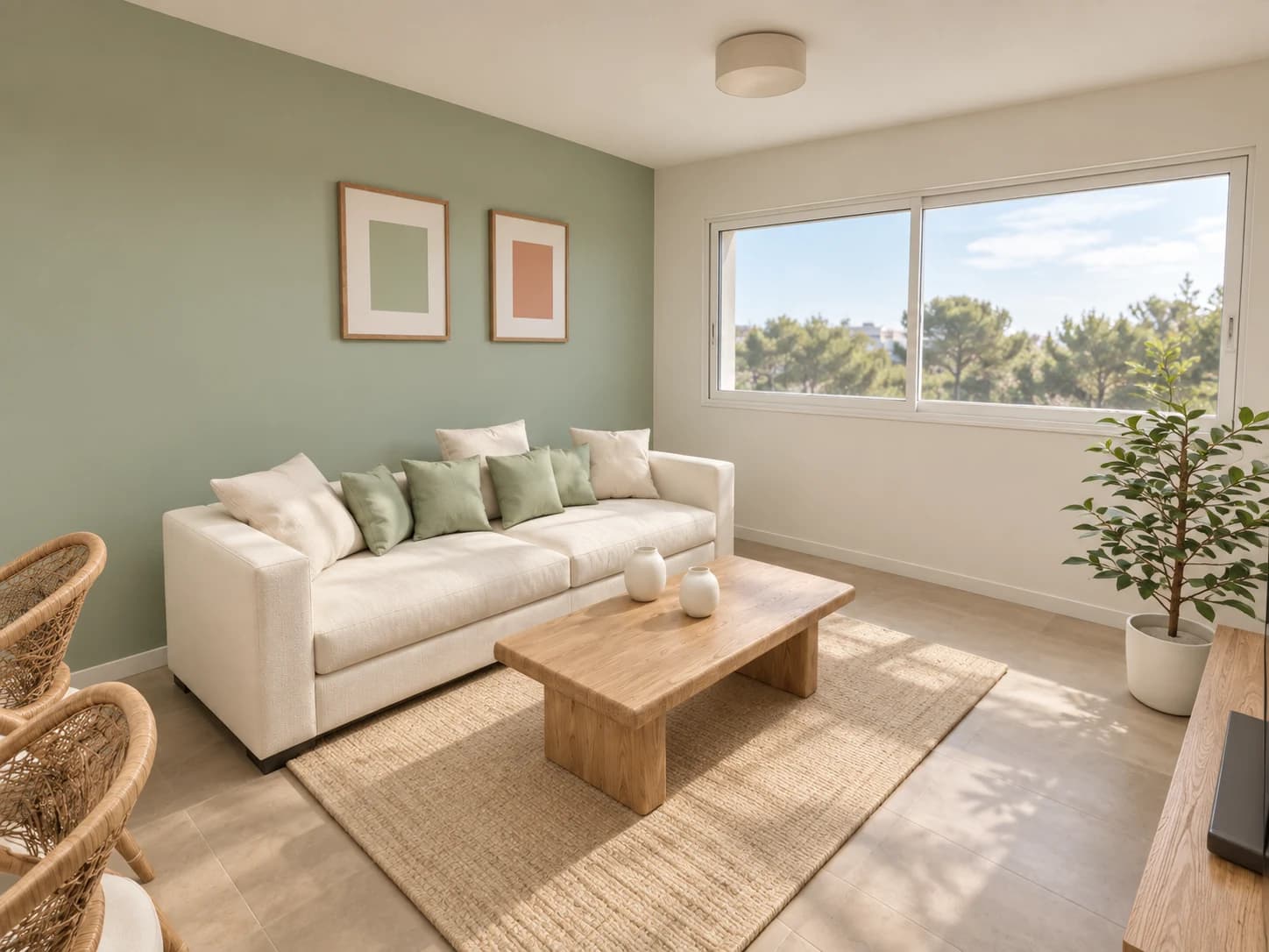 Séjour aménagé avec canapé clair, table basse en bois et mur vert sauge