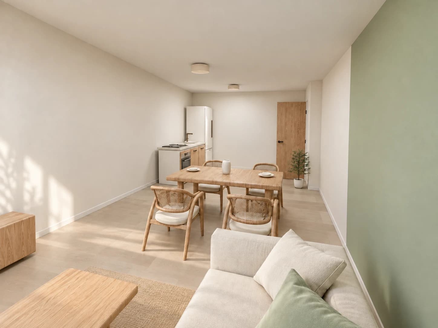 Pièce de vie avec table de repas, chaises en bois et cuisine ouverte