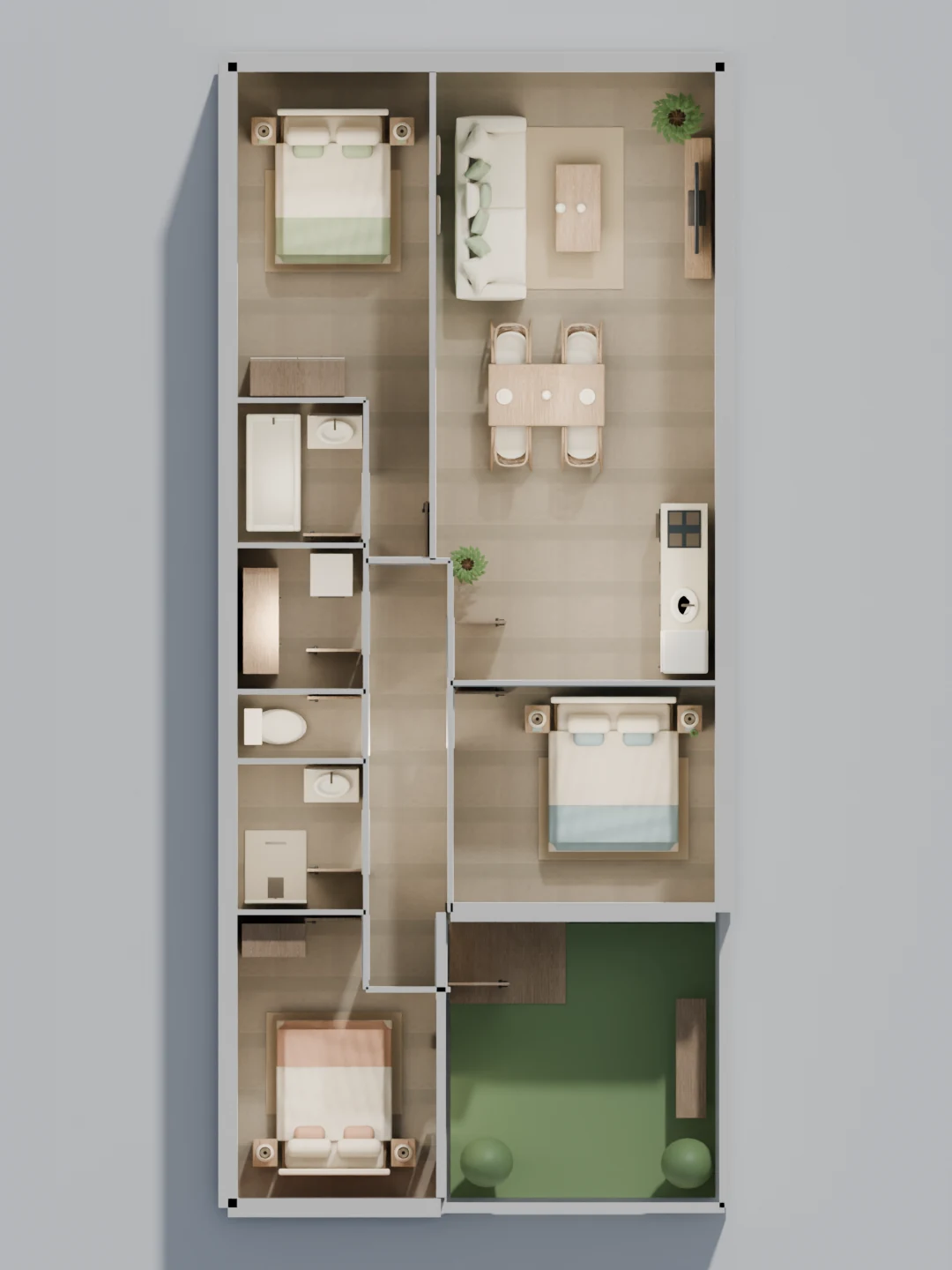 Maquette de l’appartement vue de dessus, avec les espaces de vie, trois chambres et le jardin