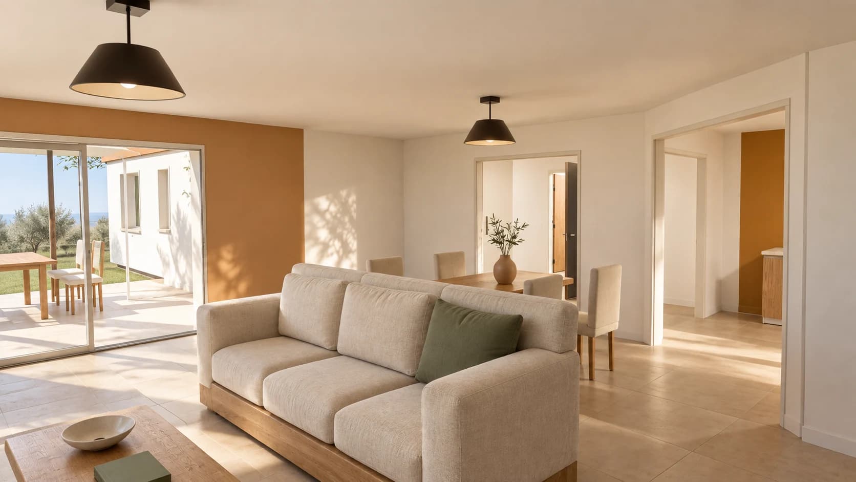 Séjour aménagé de la villa Alba, avec canapé et espace repas