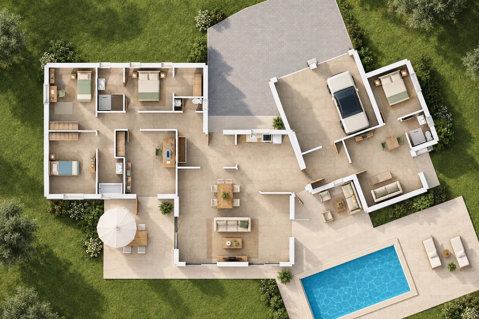 Vue de dessus meublée de la maison, de ses terrasses et de la piscine