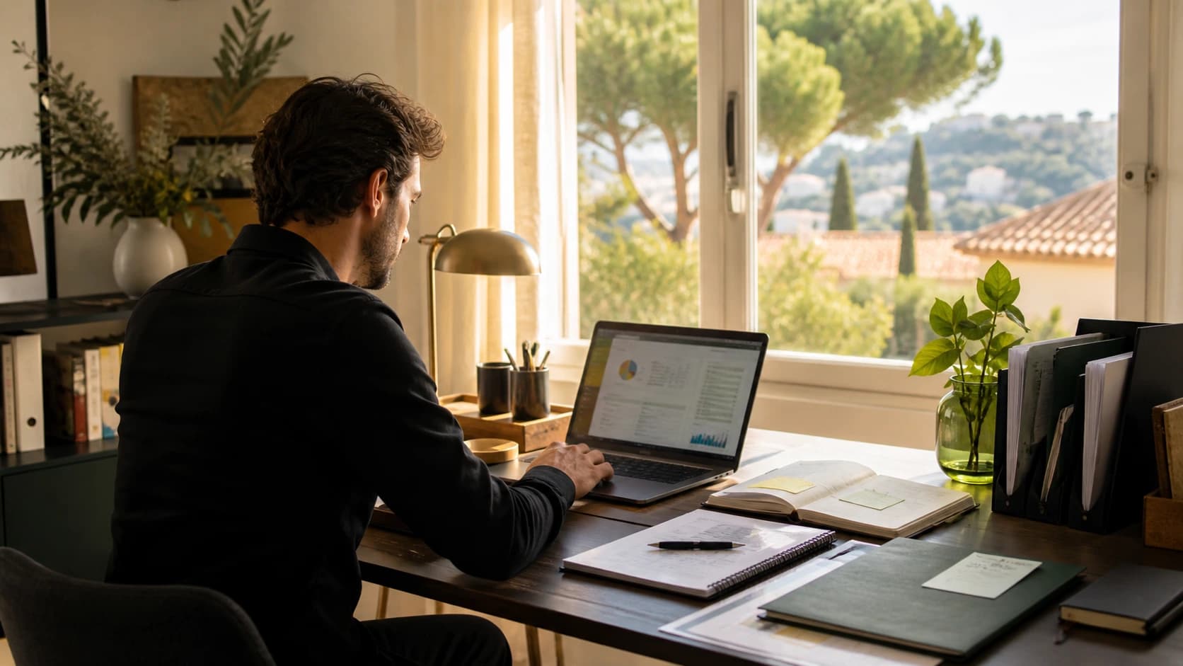 Professionnel travaillant sur son ordinateur avec un poste de travail augmenté par l'IA
