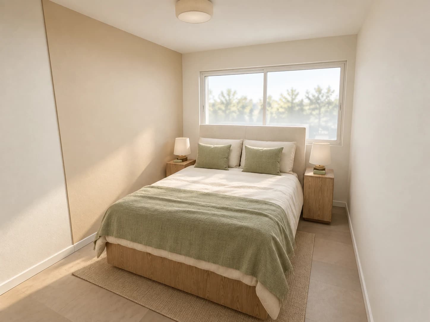 Chambre avec lit double, linge vert et fenêtre