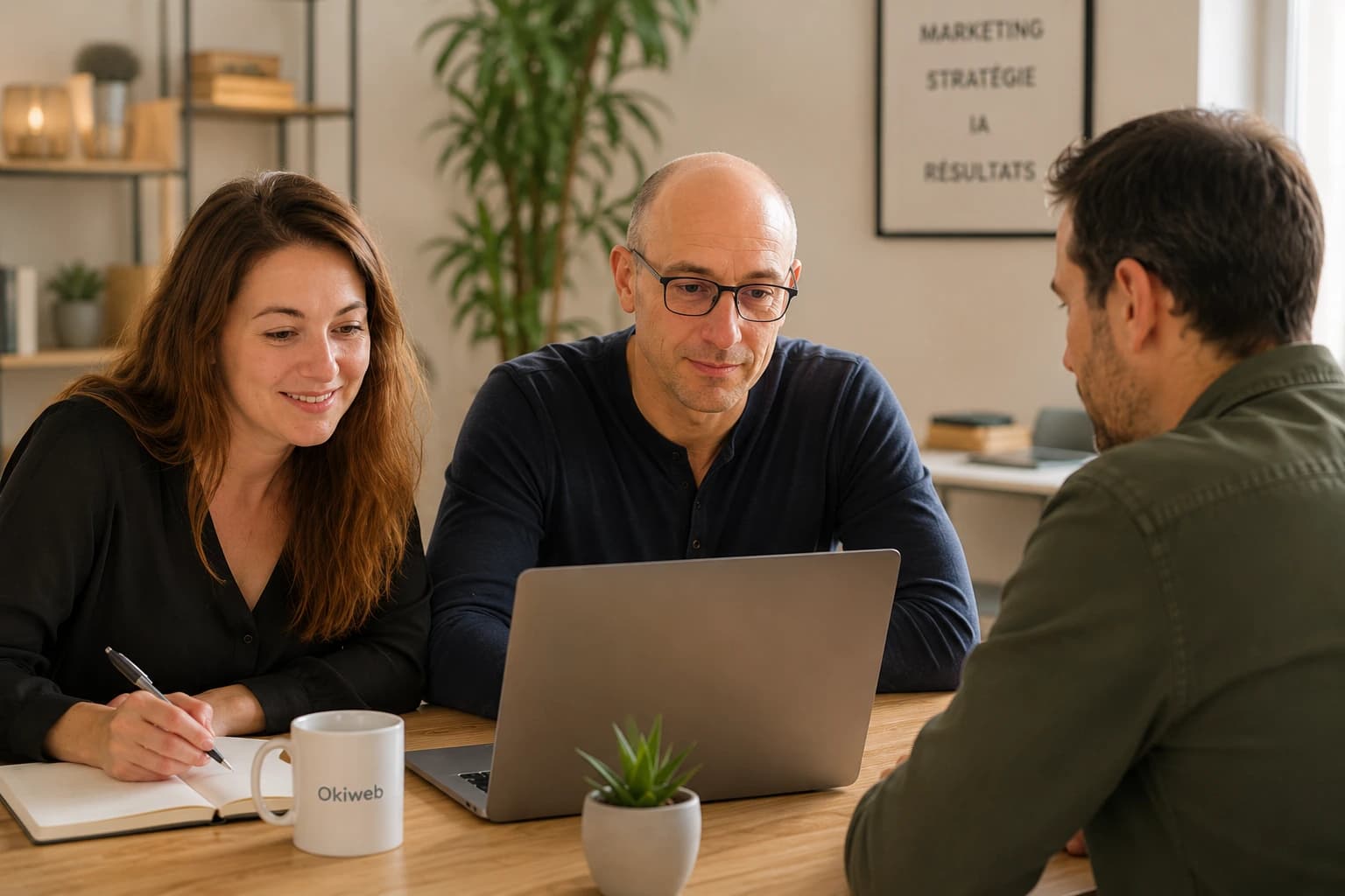 Coaching IA marketing avec David, Lise et un dirigeant autour d'un ordinateur