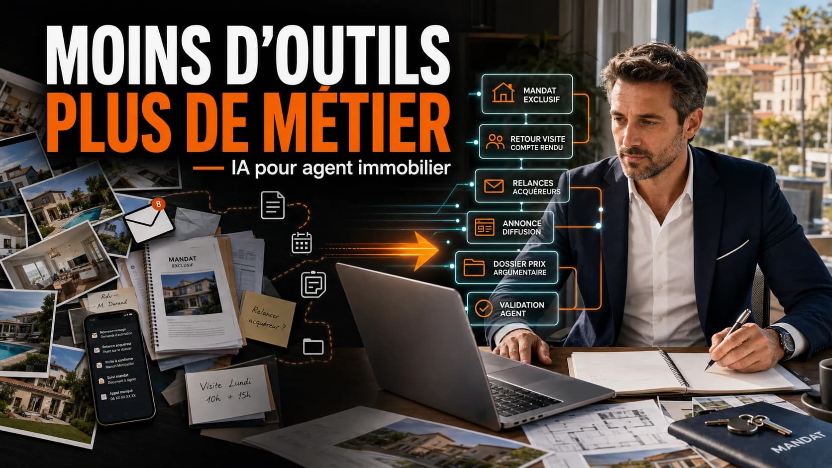 Agent immobilier transformant photos, mandats, retours de visite et relances en système métier IA avec validation humaine
