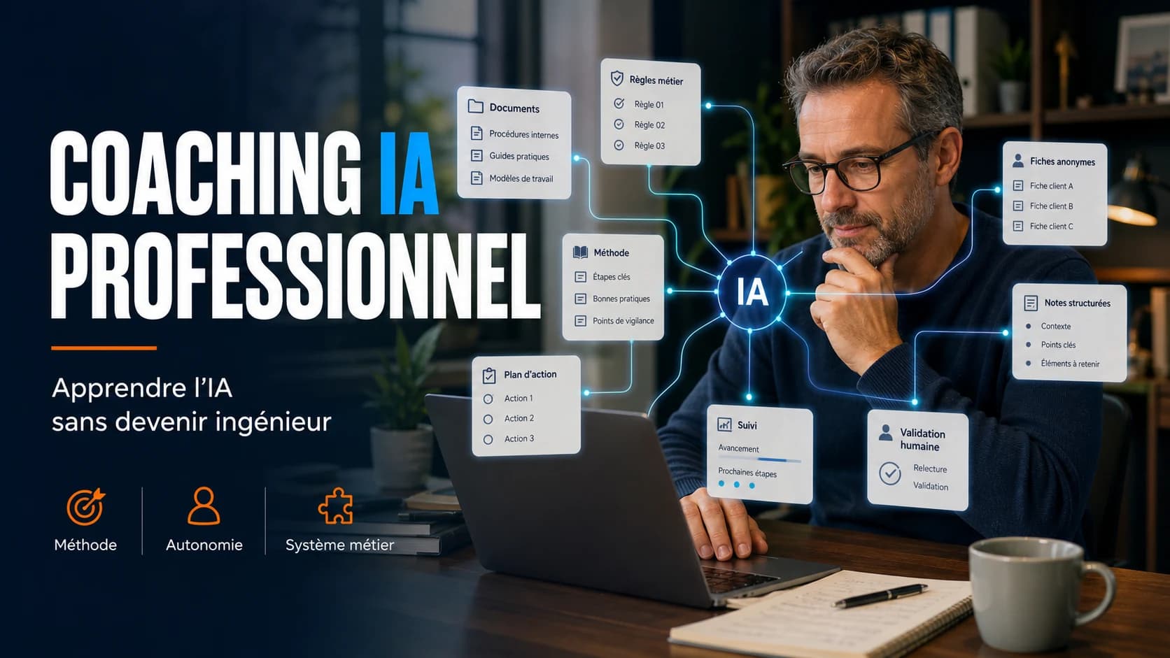 Professionnel structurant son système de travail avec un coaching IA, des documents, des règles métier et une validation humaine