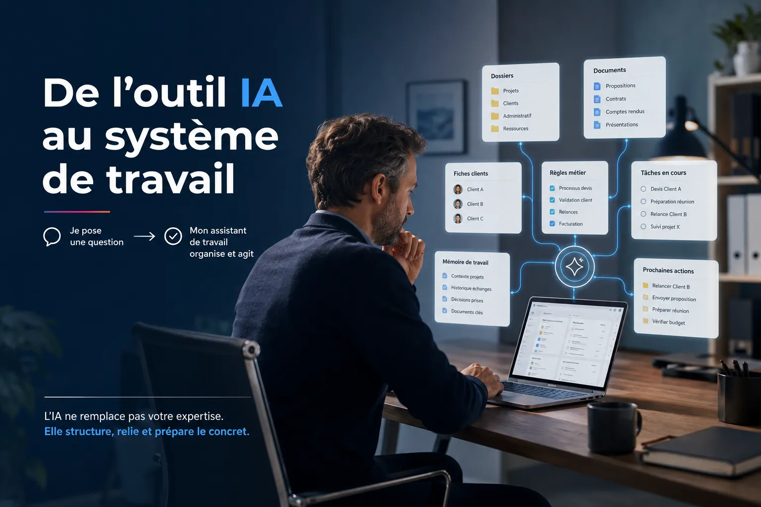 Entrepreneur structurant son système de travail IA avec dossiers, documents, règles métier, tâches et mémoire de travail